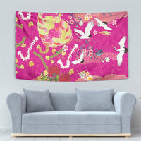 Hawaiian and Japanese Culture Together Tapestry Kakau Tribal Pattern and Irezumi Art Pink Color