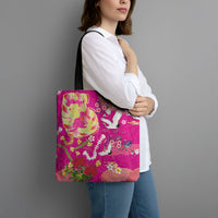 Hawaiian and Japanese Culture Together Tote Bag Kakau Tribal Pattern and Irezumi Art Pink Color