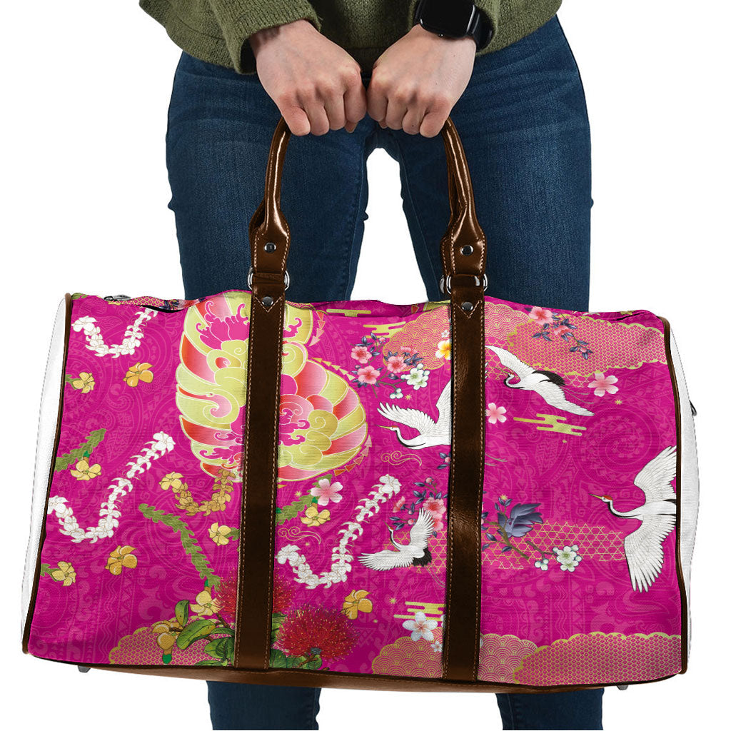 Hawaiian and Japanese Culture Together Travel Bag Kakau Tribal Pattern and Irezumi Art Pink Color