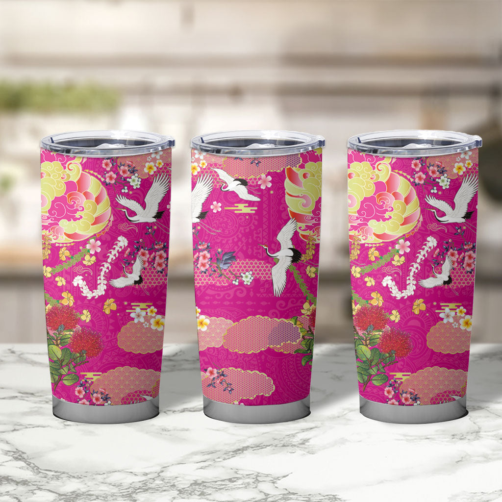 Hawaiian and Japanese Culture Together Tumbler Cup Kakau Tribal Pattern and Irezumi Art Pink Color
