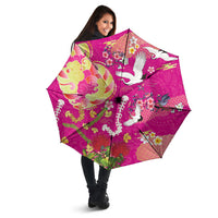 Hawaiian and Japanese Culture Together Umbrella Kakau Tribal Pattern and Irezumi Art Pink Color