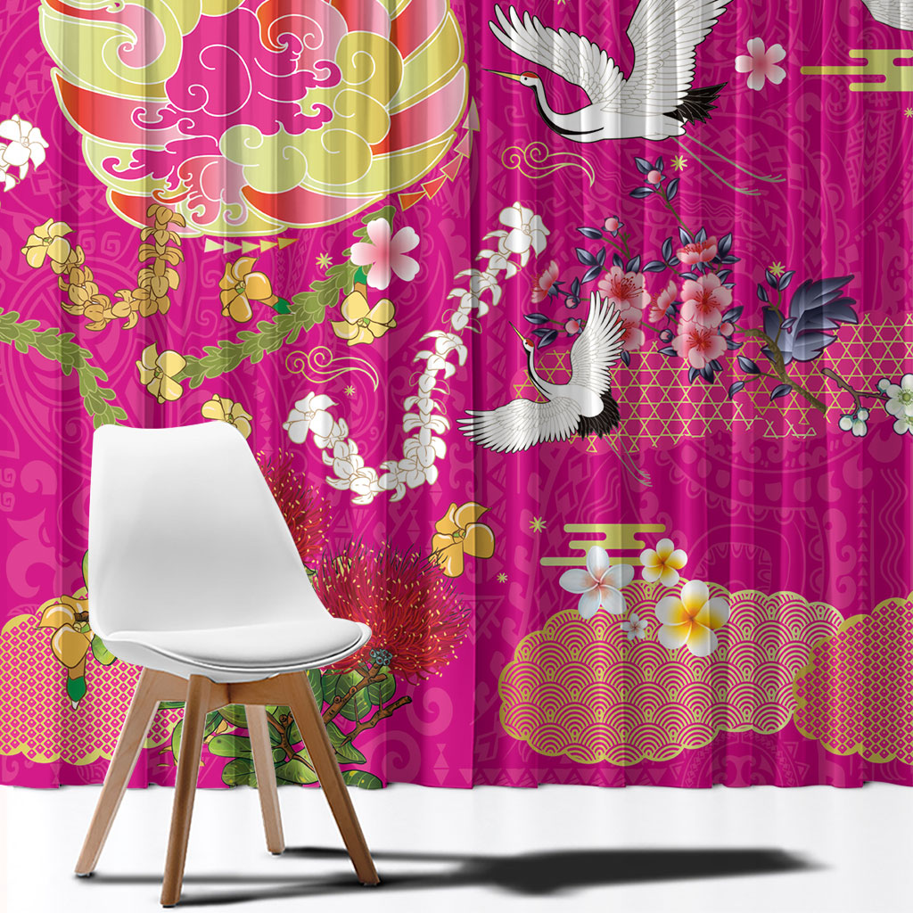 Hawaiian and Japanese Culture Together Window Curtain Kakau Tribal Pattern and Irezumi Art Pink Color