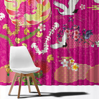 Hawaiian and Japanese Culture Together Window Curtain Kakau Tribal Pattern and Irezumi Art Pink Color