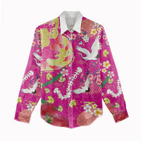 Hawaiian and Japanese Culture Together Women Casual Shirt Kakau Tribal Pattern and Irezumi Art Pink Color