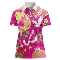 Hawaiian and Japanese Culture Together Women Polo Shirt Kakau Tribal Pattern and Irezumi Art Pink Color