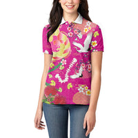 Hawaiian and Japanese Culture Together Women Polo Shirt Kakau Tribal Pattern and Irezumi Art Pink Color