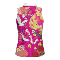 Hawaiian and Japanese Culture Together Women Sleeveless Polo Shirt Kakau Tribal Pattern and Irezumi Art Pink Color