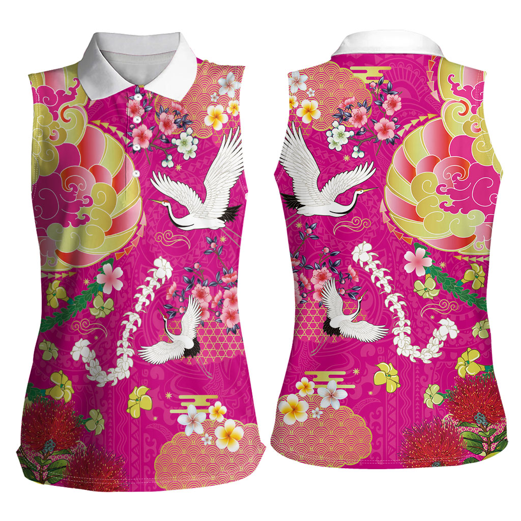Hawaiian and Japanese Culture Together Women Sleeveless Polo Shirt Kakau Tribal Pattern and Irezumi Art Pink Color
