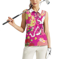 Hawaiian and Japanese Culture Together Women Sleeveless Polo Shirt Kakau Tribal Pattern and Irezumi Art Pink Color