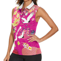 Hawaiian and Japanese Culture Together Women Sleeveless Polo Shirt Kakau Tribal Pattern and Irezumi Art Pink Color