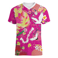 Hawaiian and Japanese Culture Together Women V-Neck T-Shirt Kakau Tribal Pattern and Irezumi Art Pink Color