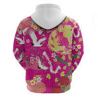 Hawaiian and Japanese Culture Together Zip Hoodie Kakau Tribal Pattern and Irezumi Art Pink Color