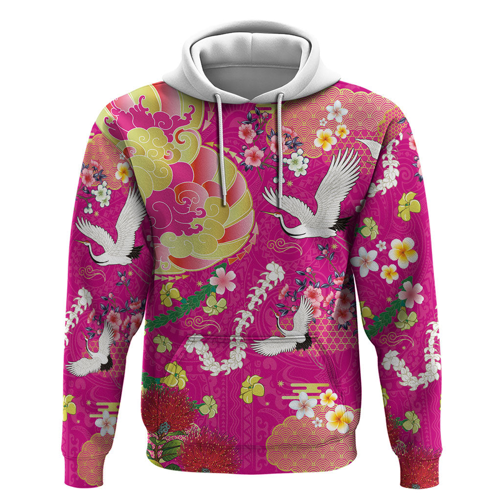 Hawaiian and Japanese Culture Together Zip Hoodie Kakau Tribal Pattern and Irezumi Art Pink Color