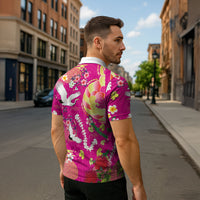 Hawaiian and Japanese Culture Together Zipper Polo Shirt Kakau Tribal Pattern and Irezumi Art Pink Color