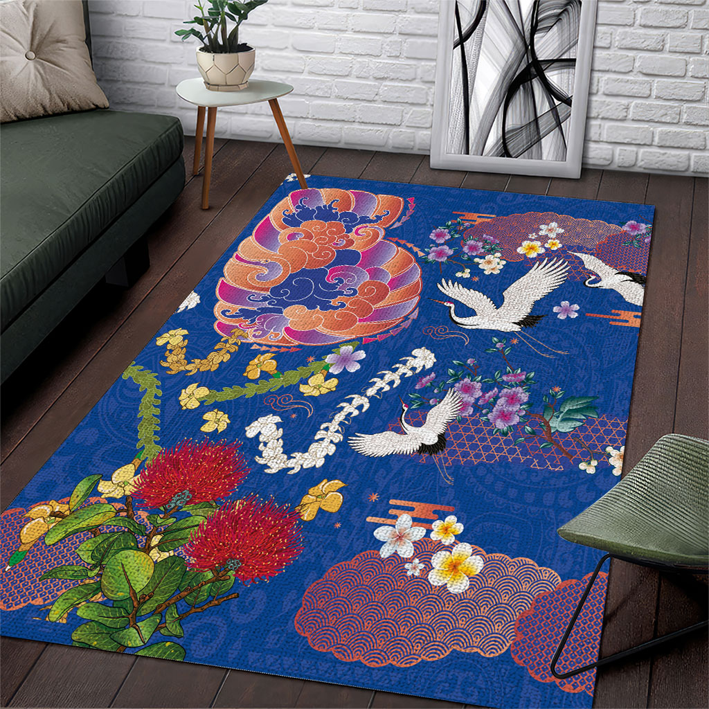 Hawaiian and Japanese Culture Together Area Rug Kakau Tribal Pattern and Irezumi Art Blue Color