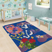 Hawaiian and Japanese Culture Together Area Rug Kakau Tribal Pattern and Irezumi Art Blue Color