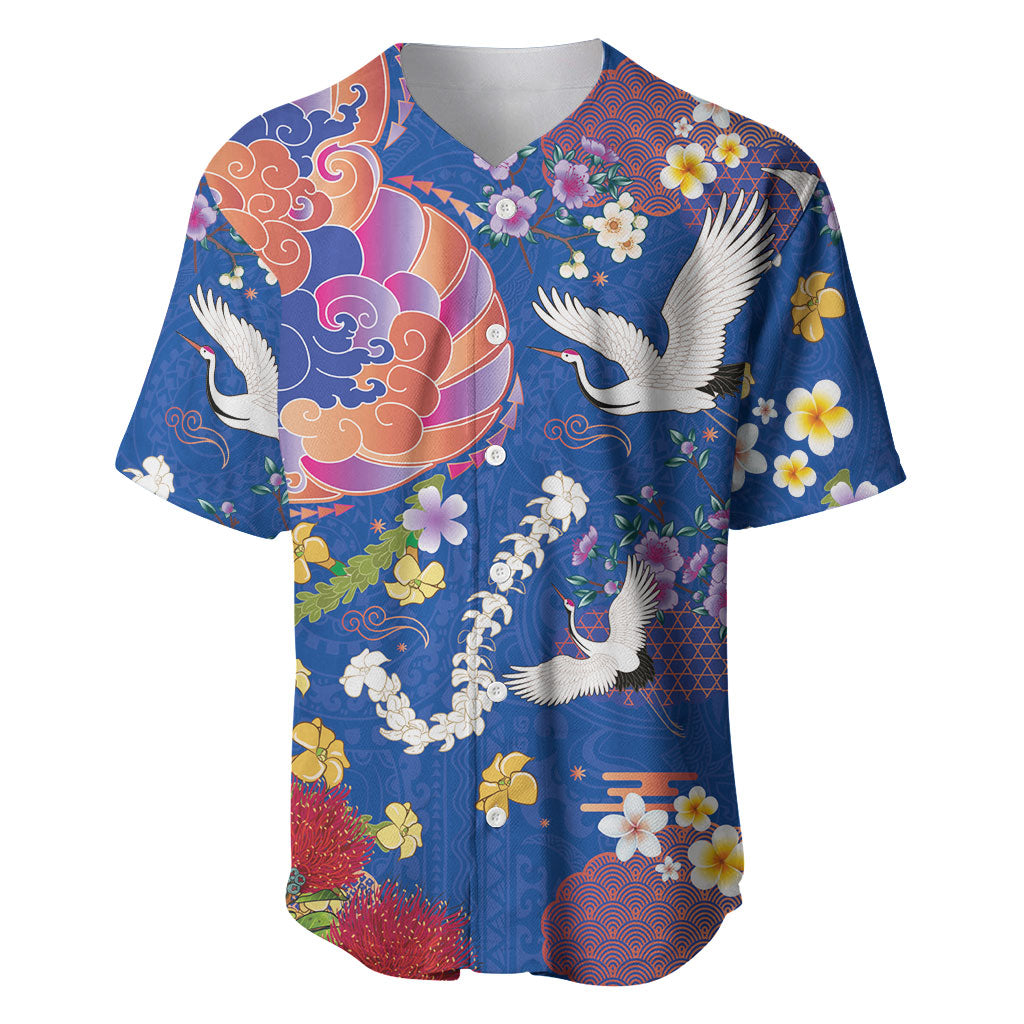 Hawaiian and Japanese Culture Together Baseball Jersey Kakau Tribal Pattern and Irezumi Art Blue Color