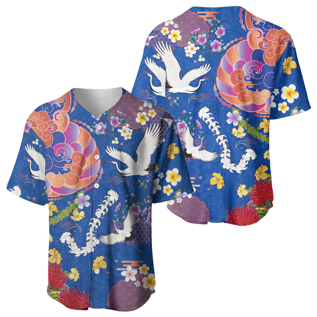 Hawaiian and Japanese Culture Together Baseball Jersey Kakau Tribal Pattern and Irezumi Art Blue Color