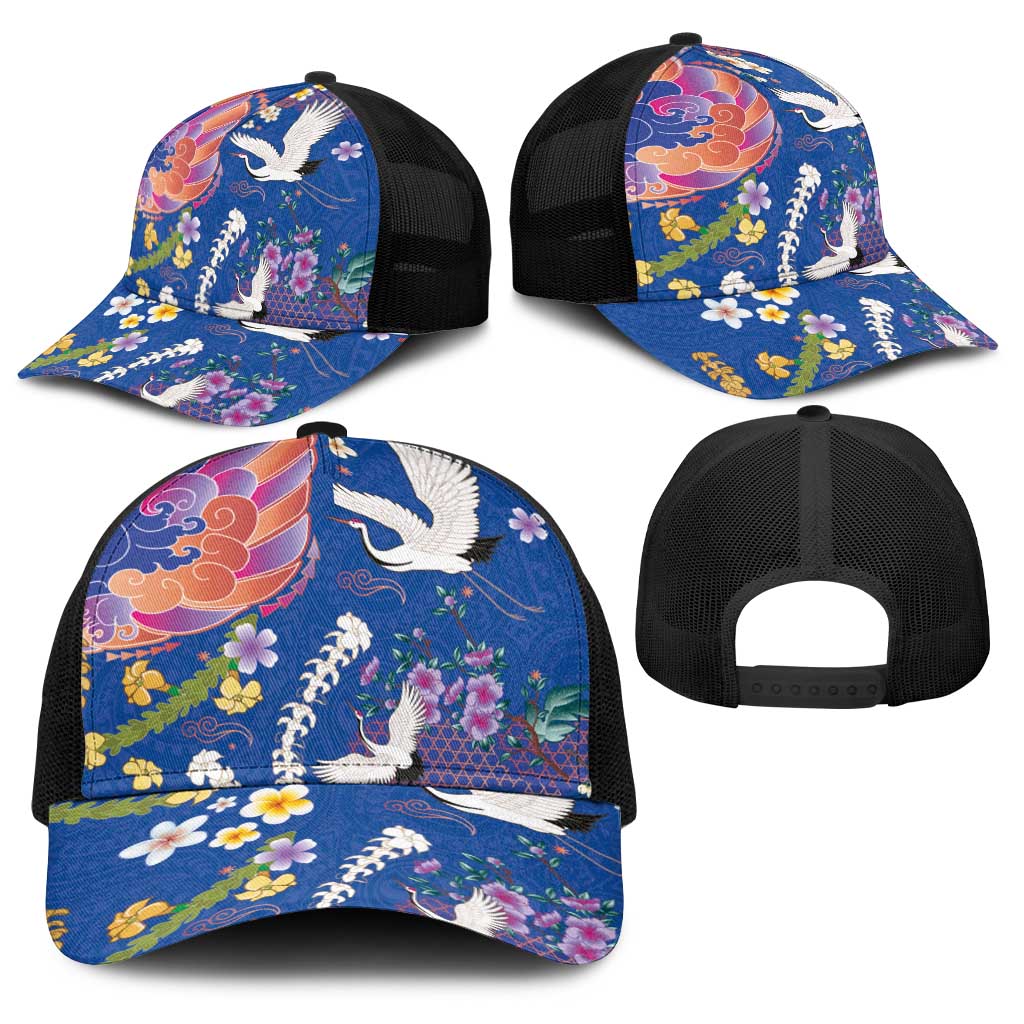 Hawaiian and Japanese Culture Together Baseball Net Cap Kakau Tribal Pattern and Irezumi Art Blue Color