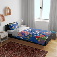 Hawaiian and Japanese Culture Together Bedding Set Kakau Tribal Pattern and Irezumi Art Blue Color