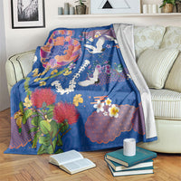 Hawaiian and Japanese Culture Together Blanket Kakau Tribal Pattern and Irezumi Art Blue Color
