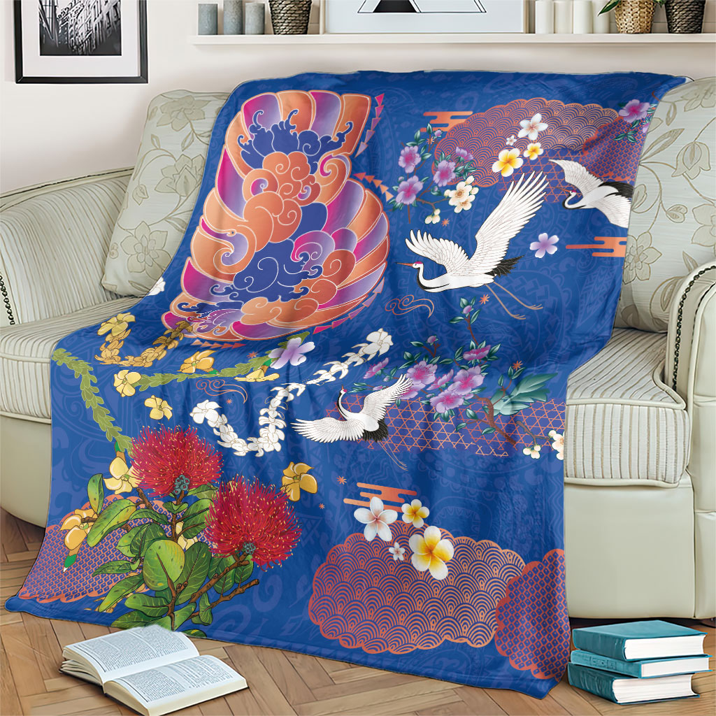 Hawaiian and Japanese Culture Together Blanket Kakau Tribal Pattern and Irezumi Art Blue Color