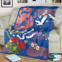 Hawaiian and Japanese Culture Together Blanket Kakau Tribal Pattern and Irezumi Art Blue Color