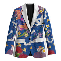 Hawaiian and Japanese Culture Together Blazer Kakau Tribal Pattern and Irezumi Art Blue Color