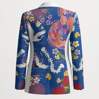 Hawaiian and Japanese Culture Together Blazer Kakau Tribal Pattern and Irezumi Art Blue Color