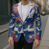 Hawaiian and Japanese Culture Together Blazer Kakau Tribal Pattern and Irezumi Art Blue Color