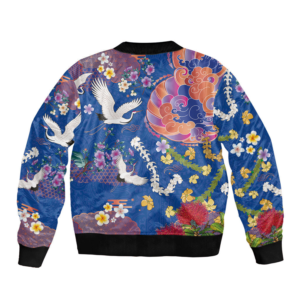Hawaiian and Japanese Culture Together Bomber Jacket Kakau Tribal Pattern and Irezumi Art Blue Color