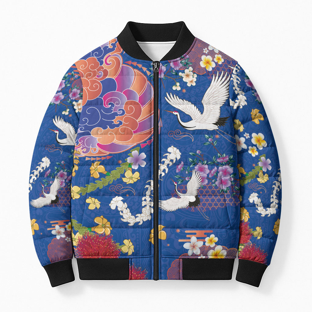 Hawaiian and Japanese Culture Together Bomber Puffer Jacket Kakau Tribal Pattern and Irezumi Art Blue Color