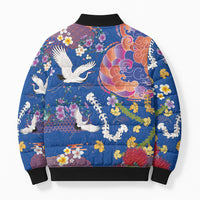Hawaiian and Japanese Culture Together Bomber Puffer Jacket Kakau Tribal Pattern and Irezumi Art Blue Color