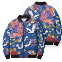 Hawaiian and Japanese Culture Together Bomber Puffer Jacket Kakau Tribal Pattern and Irezumi Art Blue Color