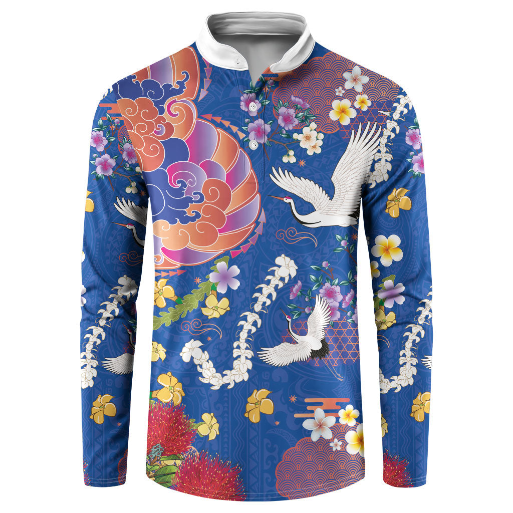 Hawaiian and Japanese Culture Together Button Sweatshirt Kakau Tribal Pattern and Irezumi Art Blue Color