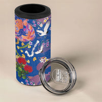 Hawaiian and Japanese Culture Together 4 in 1 Can Cooler Tumbler Kakau Tribal Pattern and Irezumi Art Blue Color