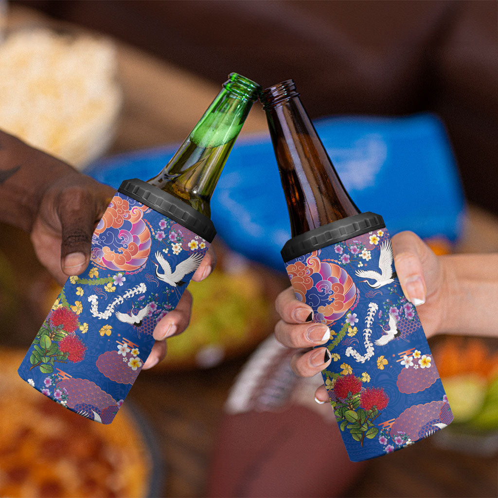 Hawaiian and Japanese Culture Together 4 in 1 Can Cooler Tumbler Kakau Tribal Pattern and Irezumi Art Blue Color