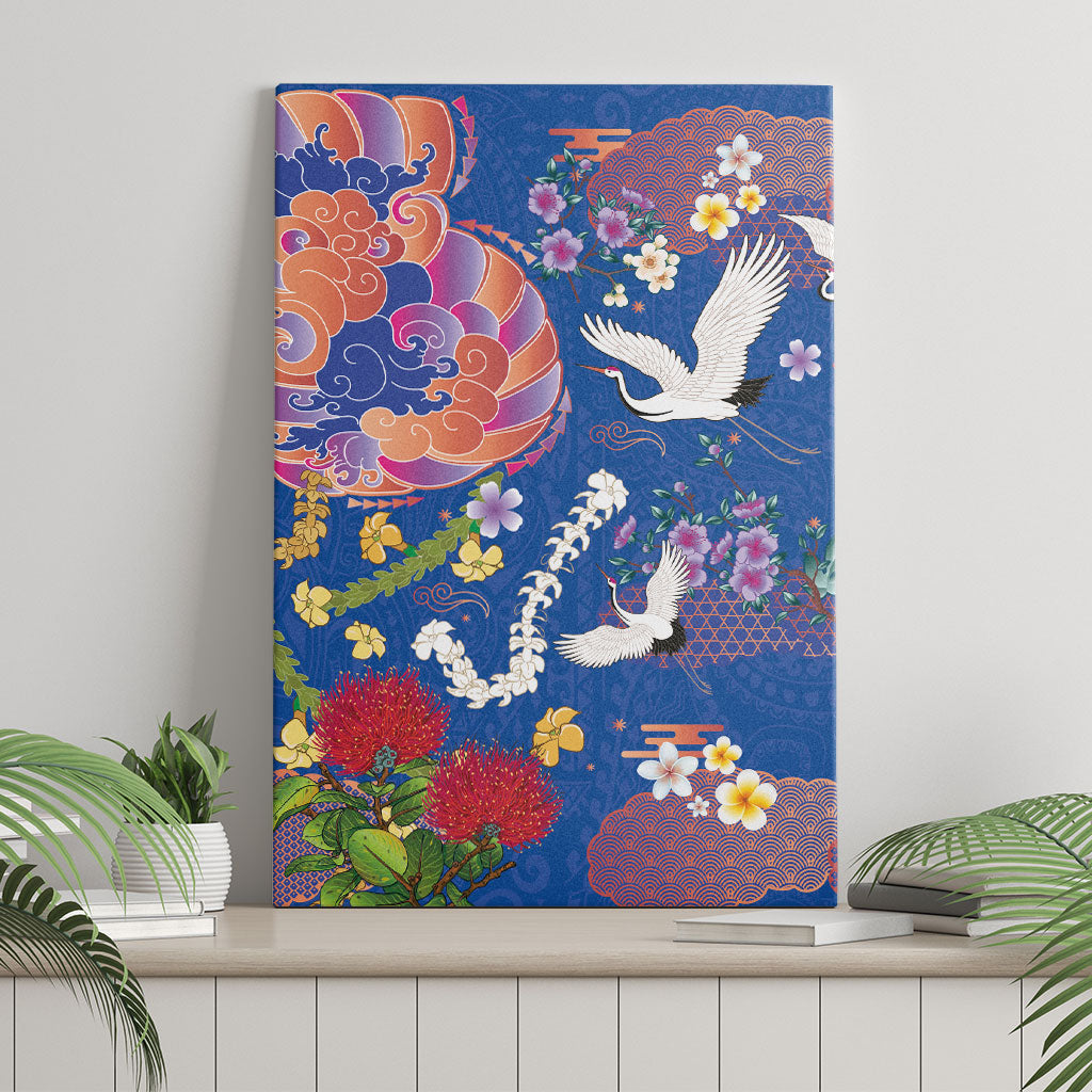 Hawaiian and Japanese Culture Together Canvas Wall Art Kakau Tribal Pattern and Irezumi Art Blue Color