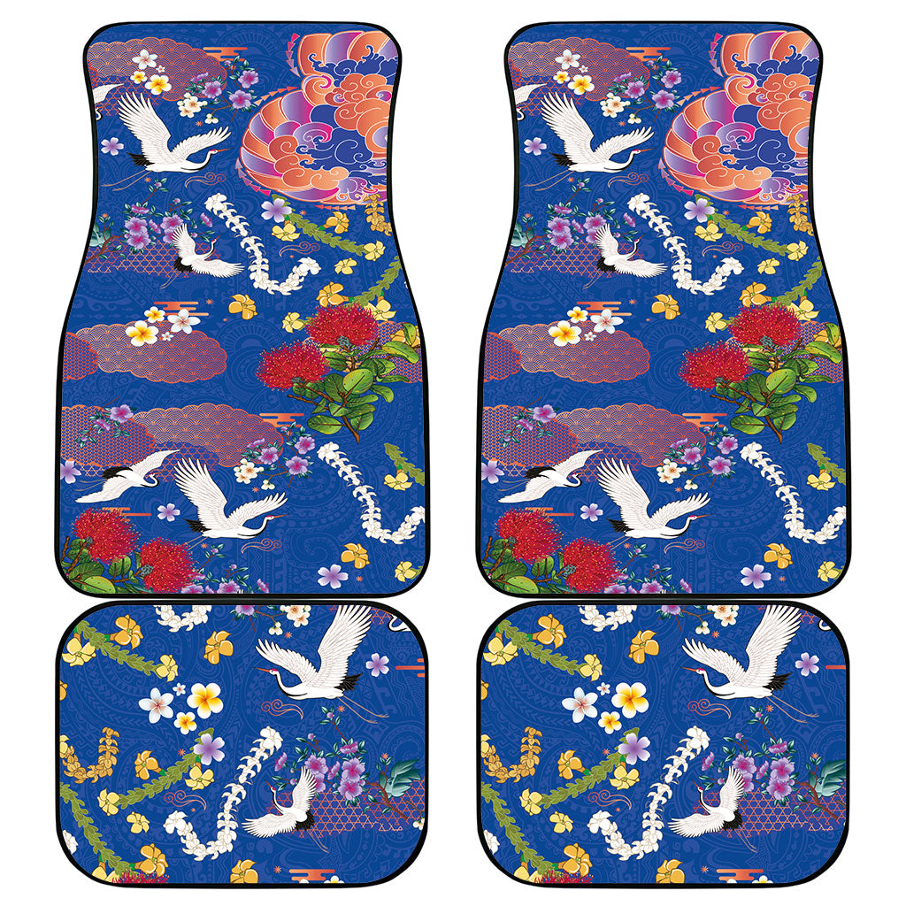 Hawaiian and Japanese Culture Together Car Mats Kakau Tribal Pattern and Irezumi Art Blue Color