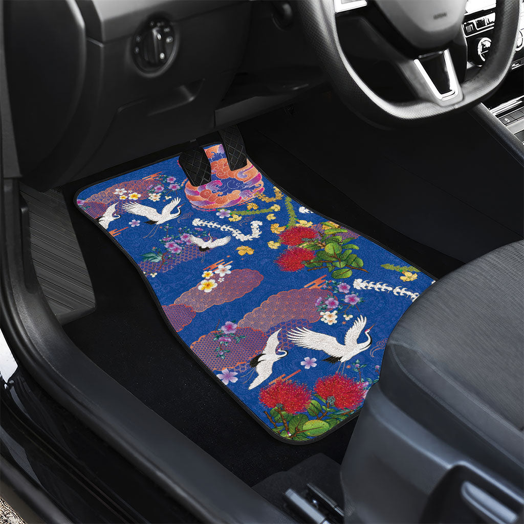 Hawaiian and Japanese Culture Together Car Mats Kakau Tribal Pattern and Irezumi Art Blue Color