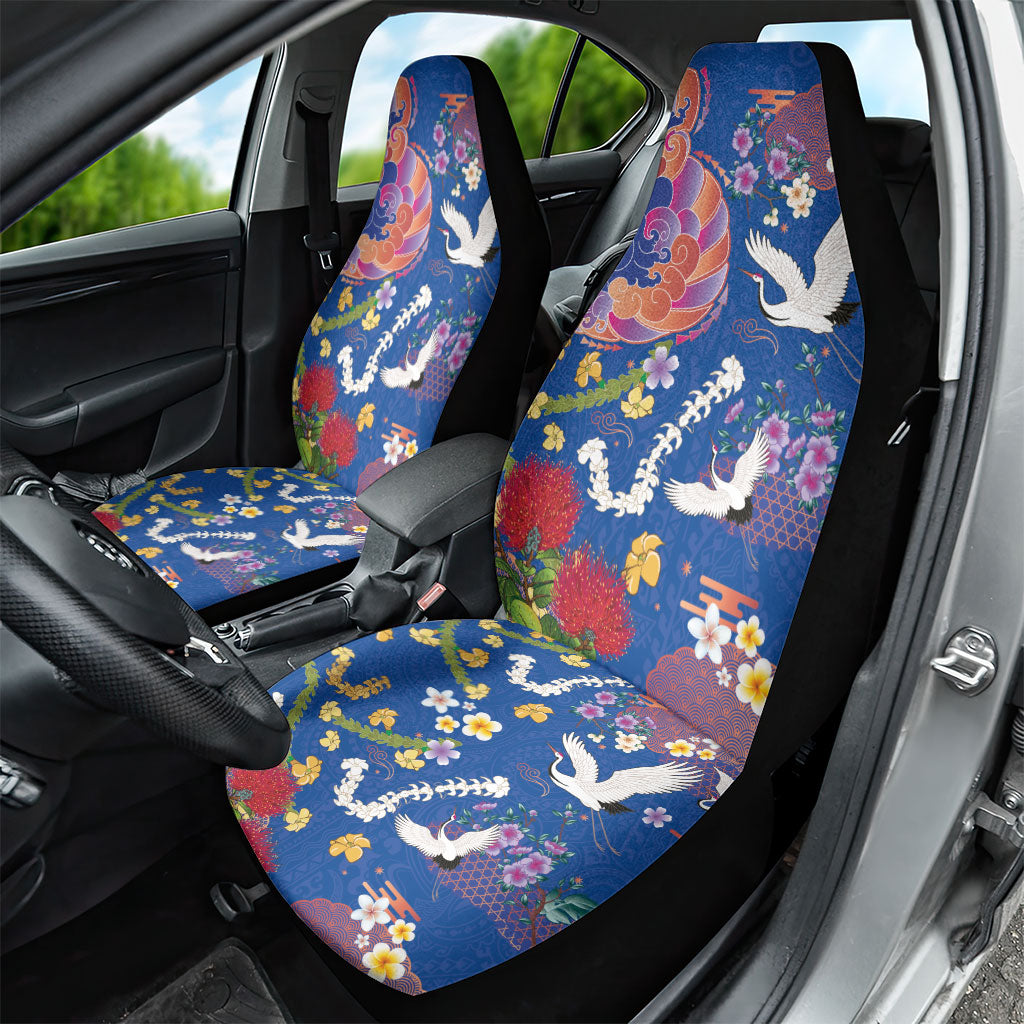 Hawaiian and Japanese Culture Together Car Seat Cover Kakau Tribal Pattern and Irezumi Art Blue Color