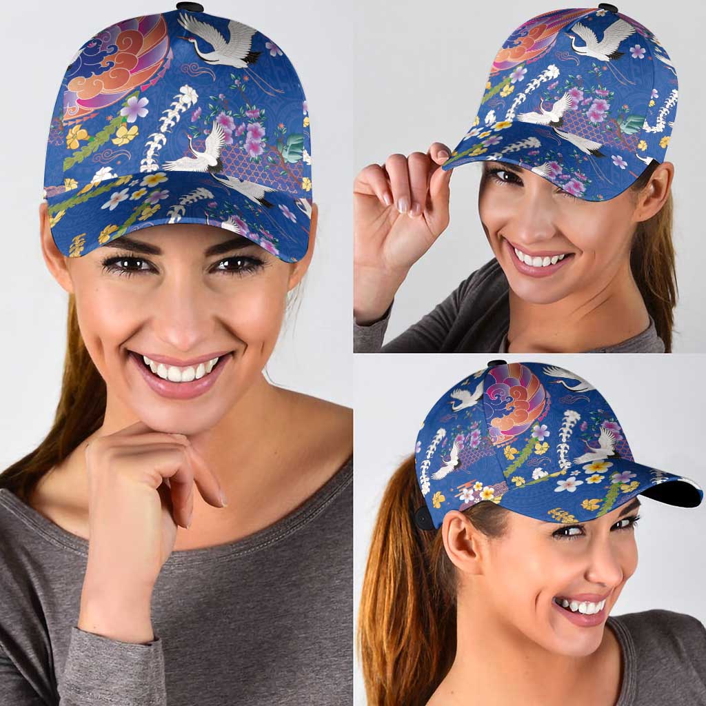 Hawaiian and Japanese Culture Together Classic Cap Kakau Tribal Pattern and Irezumi Art Blue Color