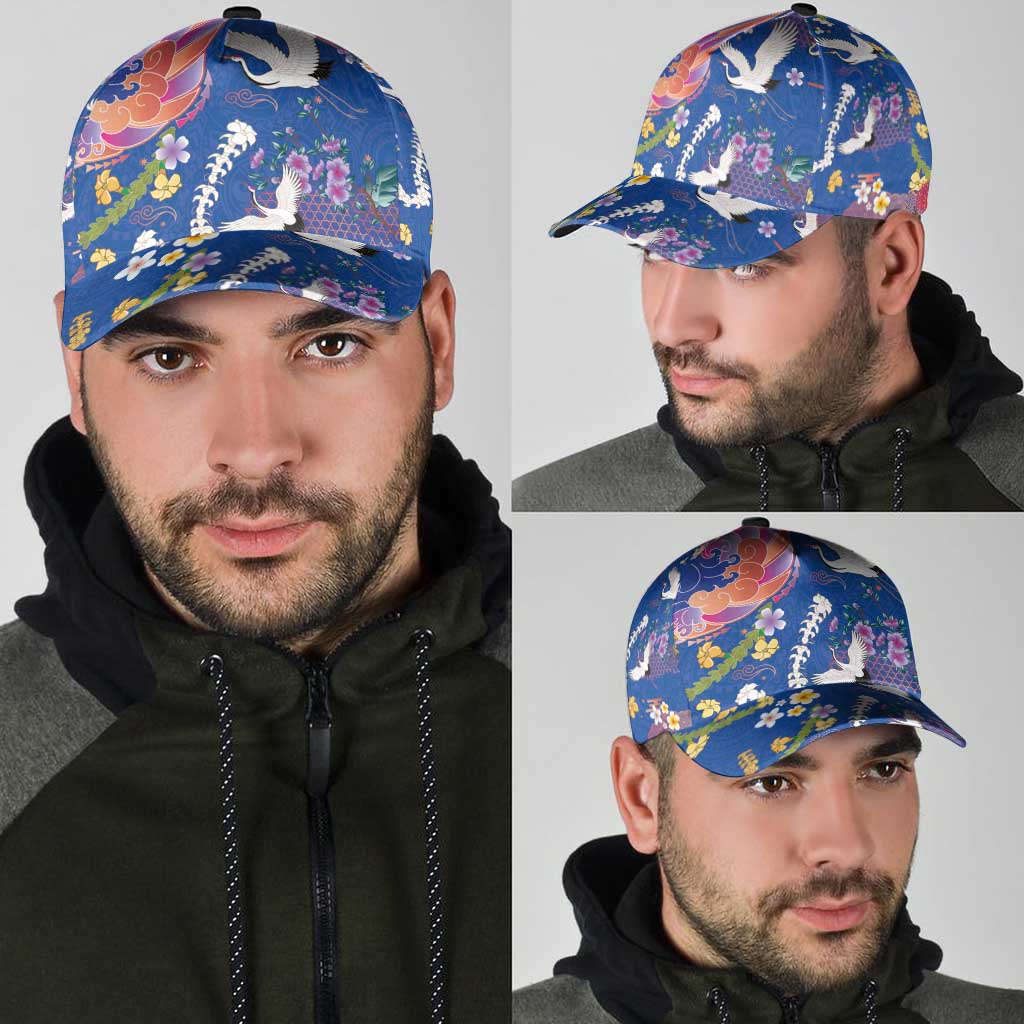 Hawaiian and Japanese Culture Together Classic Cap Kakau Tribal Pattern and Irezumi Art Blue Color