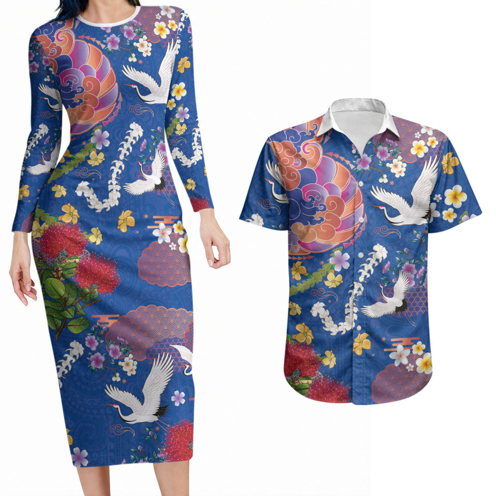 Hawaiian and Japanese Culture Together Couples Matching Long Sleeve Bodycon Dress and Hawaiian Shirt Kakau Tribal Pattern and Irezumi Art Blue Color LT03 Blue - Polynesian Pride