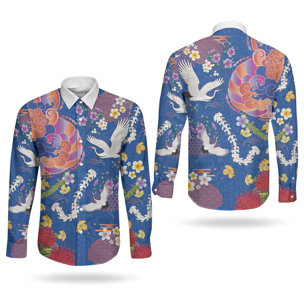 Hawaiian and Japanese Culture Together Couples Matching Long Sleeve Bodycon Dress and Long Sleeve Button Shirt Kakau Tribal Pattern and Irezumi Art Blue Color