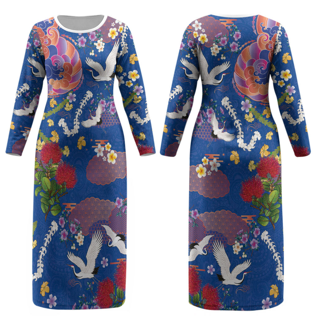 Hawaiian and Japanese Culture Together Couples Matching Long Sleeve Bodycon Dress and Long Sleeve Button Shirt Kakau Tribal Pattern and Irezumi Art Blue Color