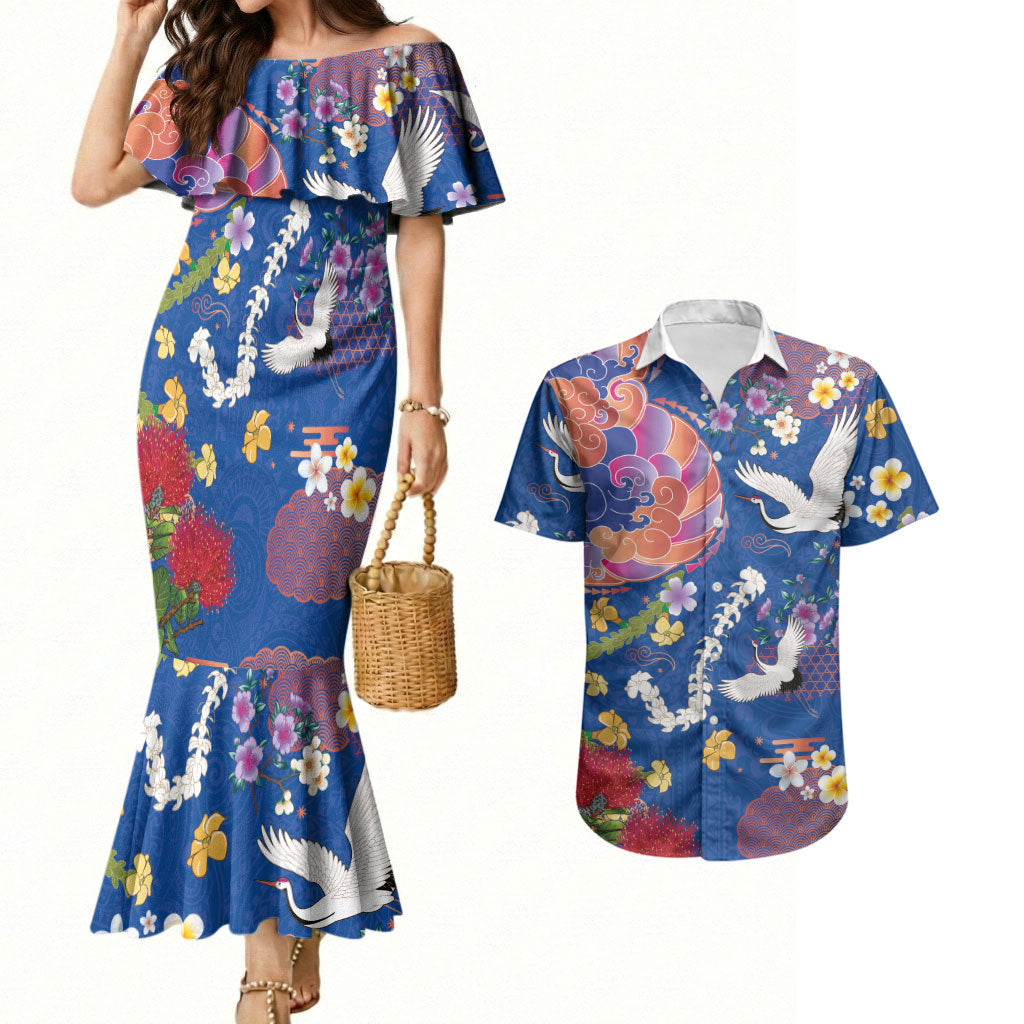 Hawaiian and Japanese Culture Together Couples Matching Mermaid Dress and Hawaiian Shirt Kakau Tribal Pattern and Irezumi Art Blue Color