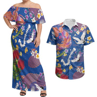 Hawaiian and Japanese Culture Together Couples Matching Off Shoulder Maxi Dress and Hawaiian Shirt Kakau Tribal Pattern and Irezumi Art Blue Color