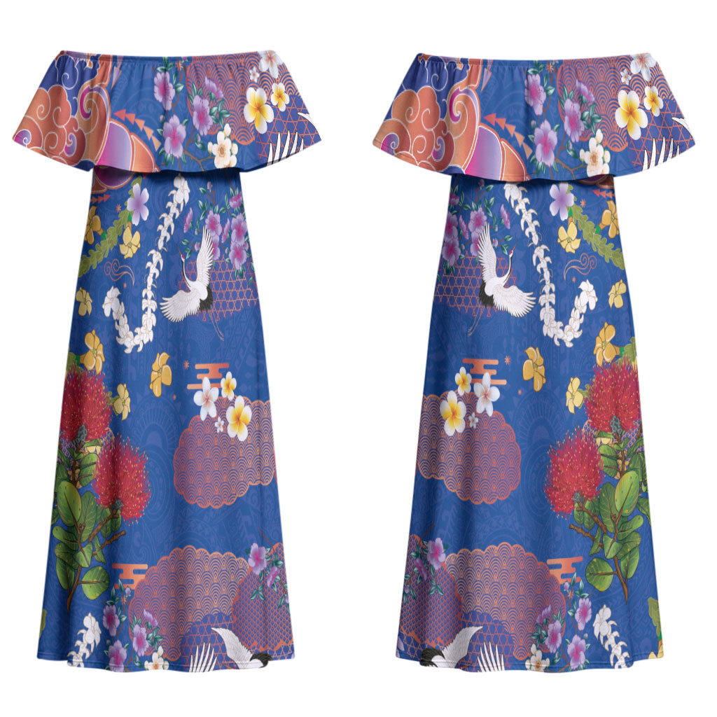 Hawaiian and Japanese Culture Together Couples Matching Off Shoulder Maxi Dress and Long Sleeve Button Shirt Kakau Tribal Pattern and Irezumi Art Blue Color