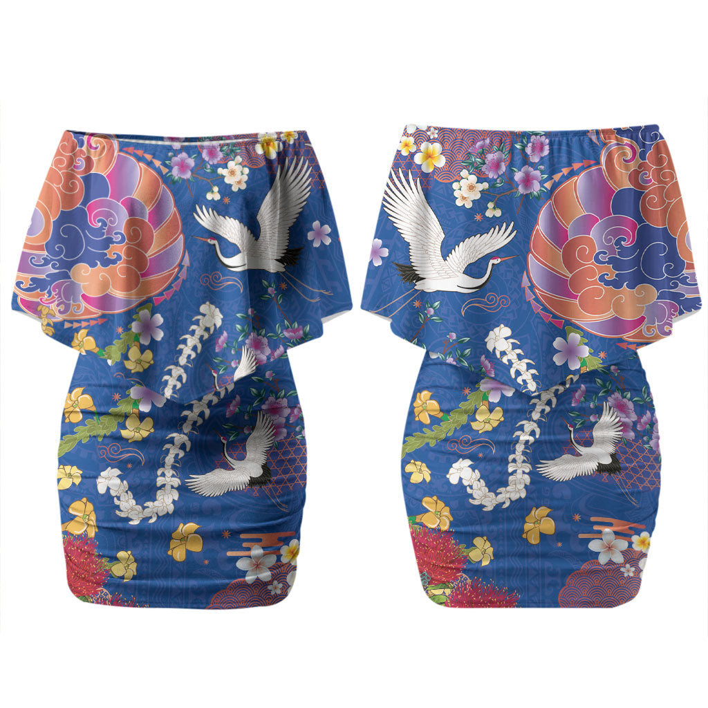 Hawaiian and Japanese Culture Together Couples Matching Off Shoulder Short Dress and Hawaiian Shirt Kakau Tribal Pattern and Irezumi Art Blue Color